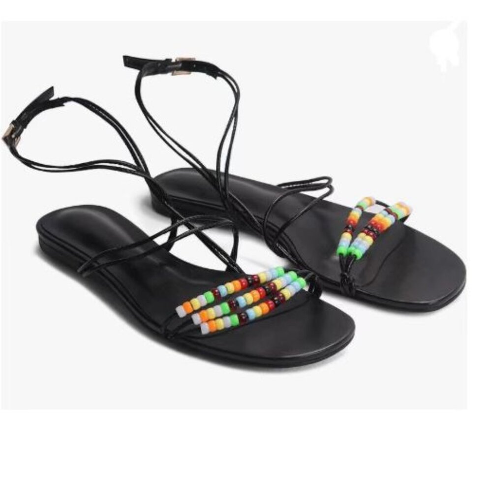 miss left Black Beaded Flat Sandals for Women Ankle Strap Open Toe Slide Sandals